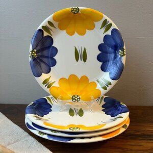 Maxam La Primula Set of 4 Dinner Plates Blue & Yellow Flowers Hand Painted Italy